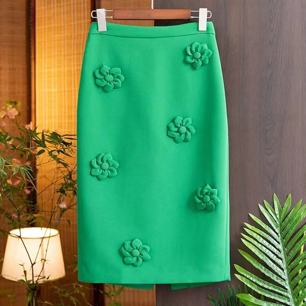 Solid Spliced Floral Skirts For Women High Waist Mid Calf Temperament Slimming Bodycon Skirt Female Fashion Clothes