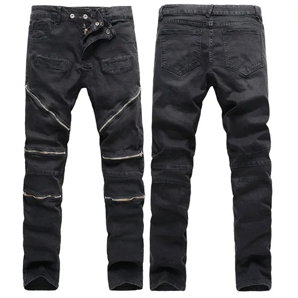 Stone Washed Elastic Slim Denim Jeans For Men Casual Multi-zippers