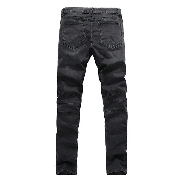 Stone Washed Elastic Slim Denim Jeans For Men Casual Multi-zippers