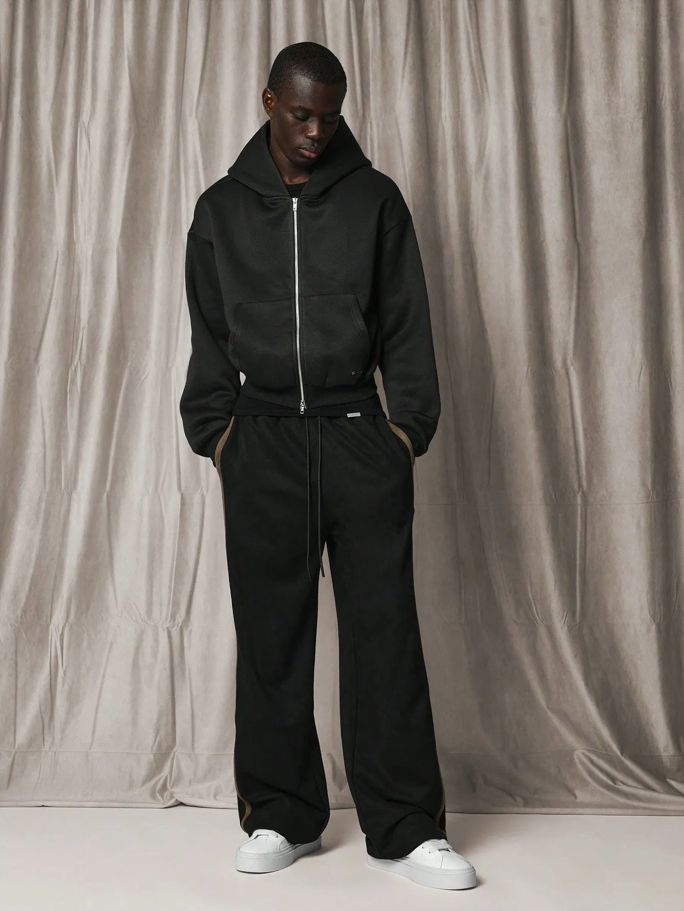 Suedette Straight Fit Contrast Side Panel Sweatpants With Drawstrings