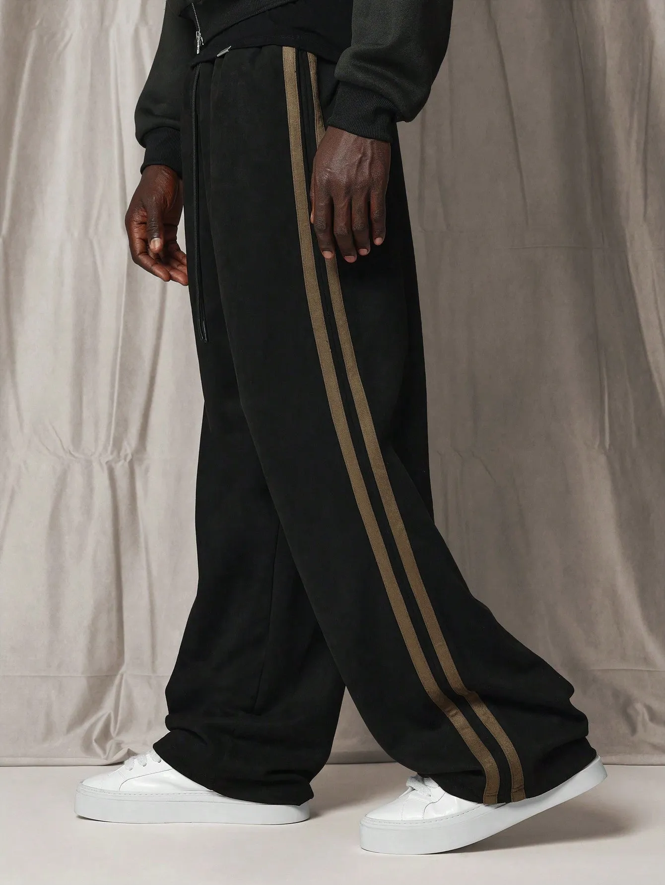 Suedette Straight Fit Contrast Side Panel Sweatpants With Drawstrings