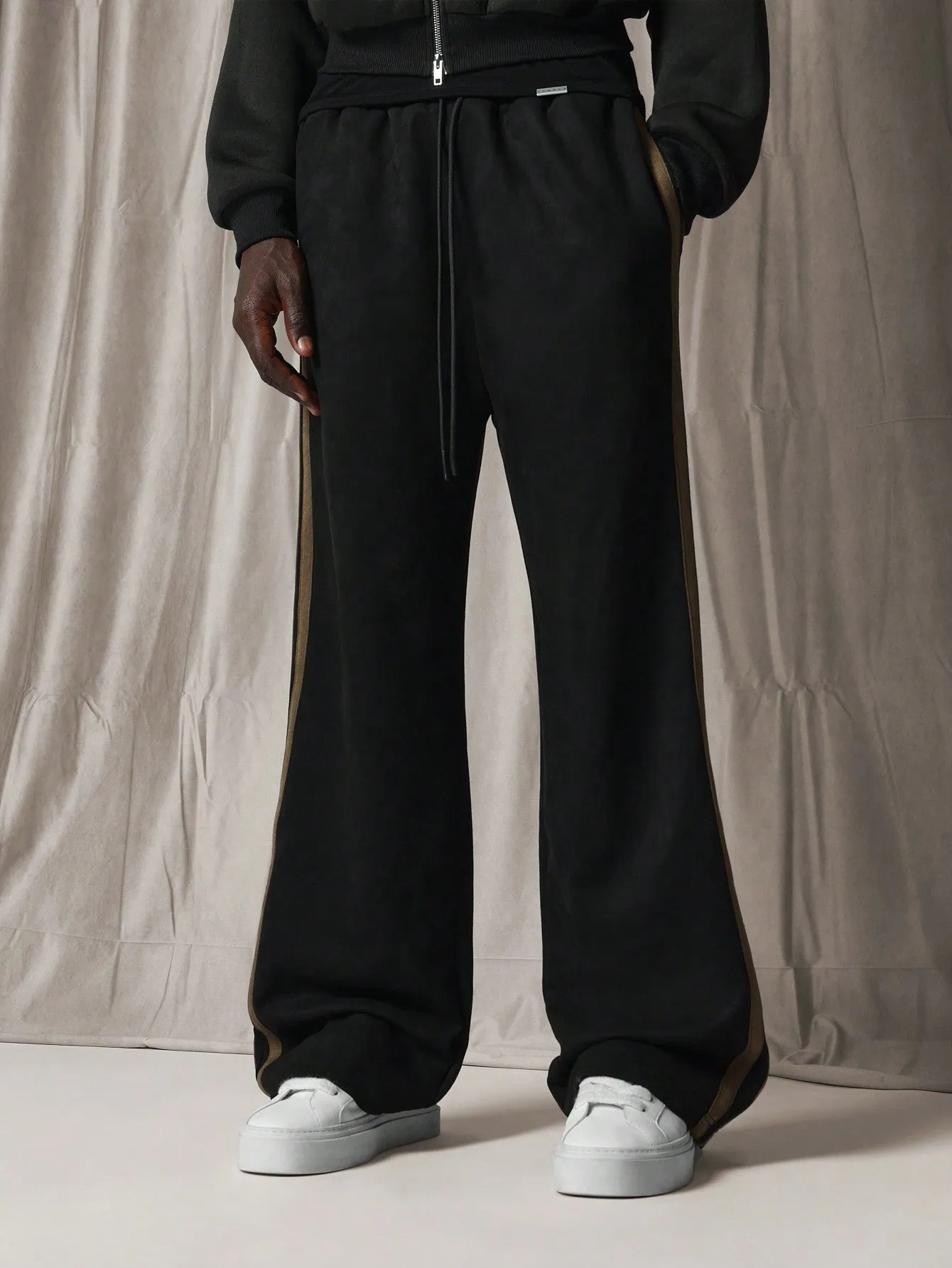 Suedette Straight Fit Contrast Side Panel Sweatpants With Drawstrings