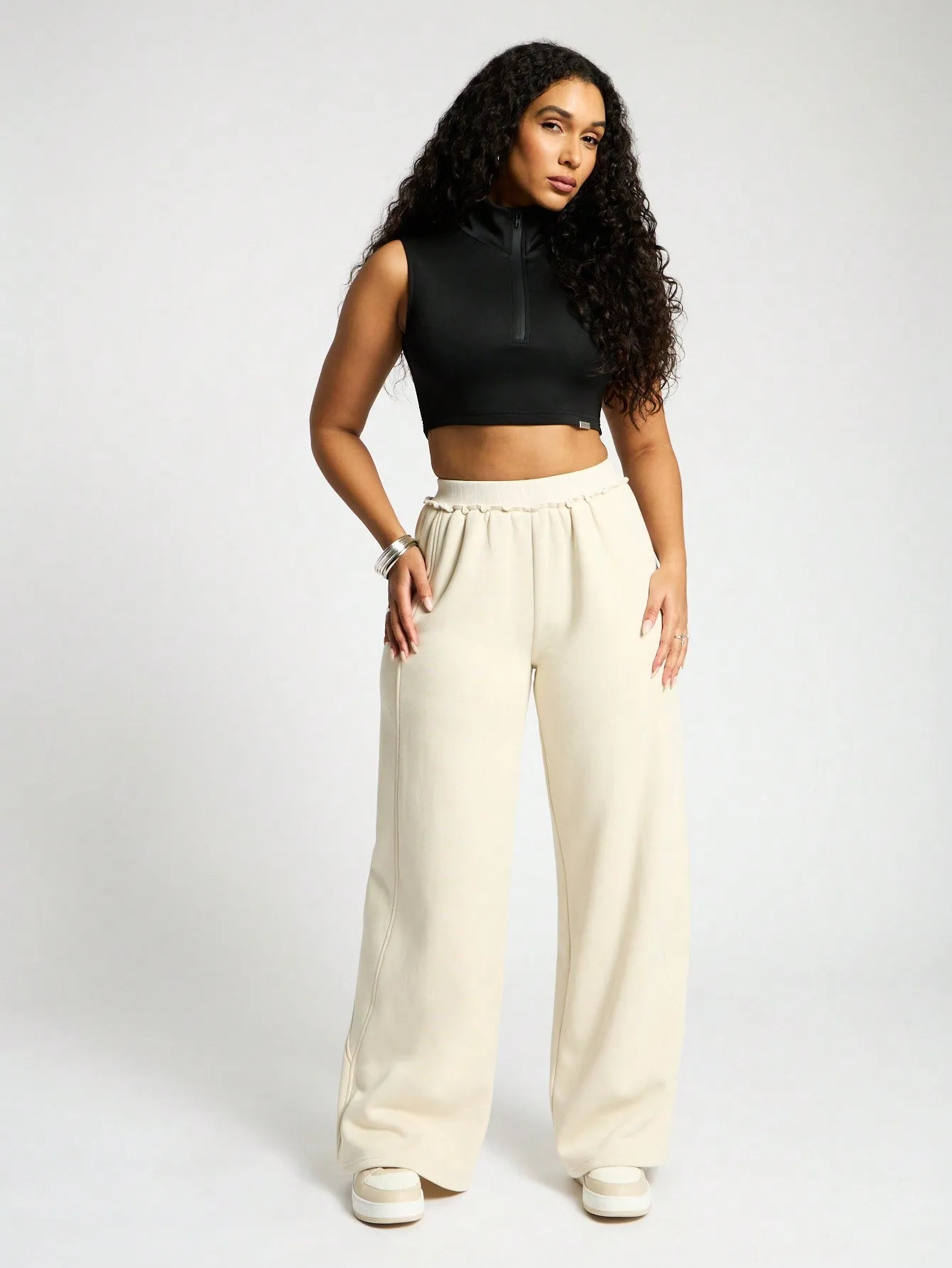 SUMWON WOMEN Wide Leg Frill Detail Waistband Sweatpants