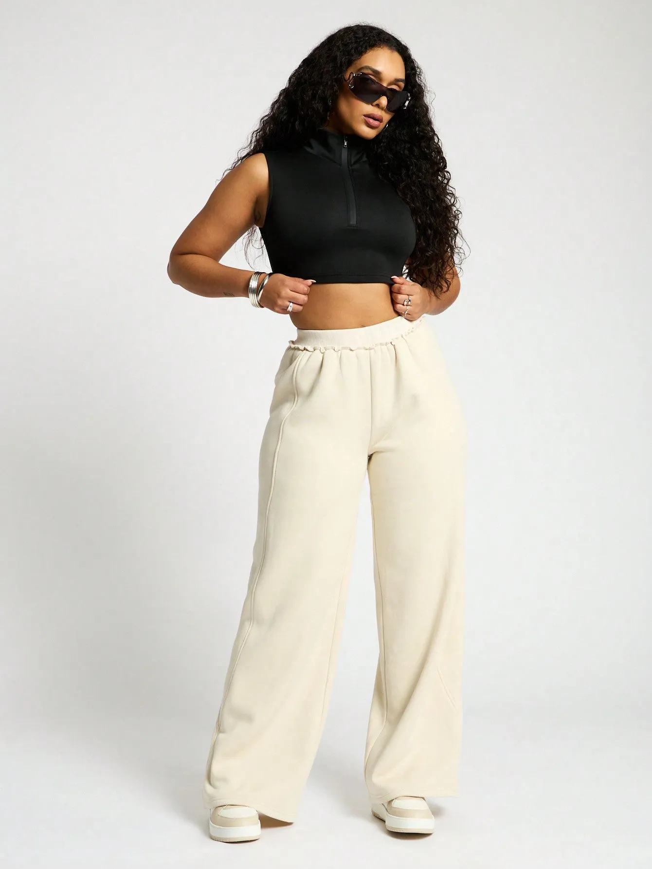 SUMWON WOMEN Wide Leg Frill Detail Waistband Sweatpants