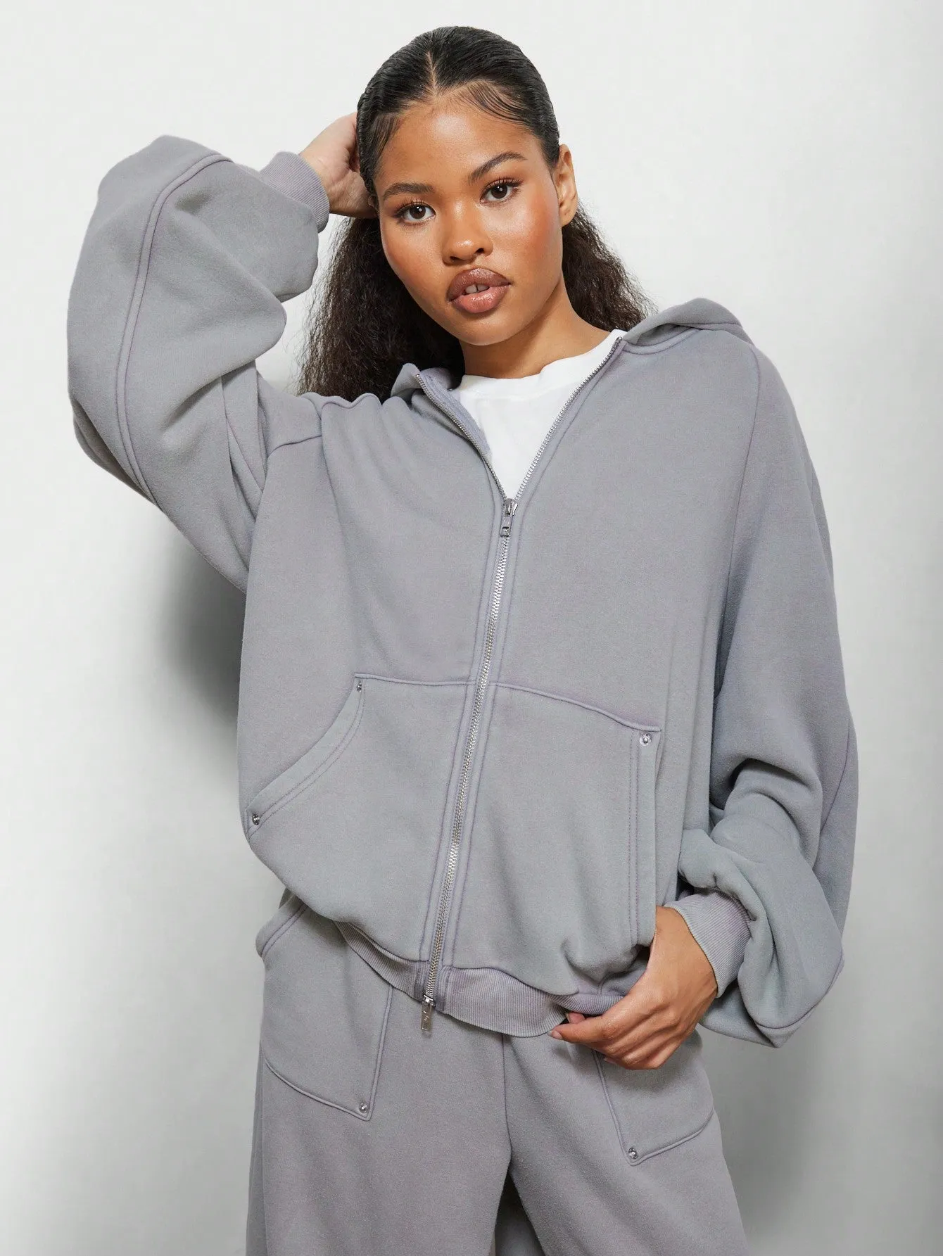 SUMWON WOMEN Zip Through Long Sleeves Hoodie Sweatshirt And Wide Leg Raw Edge Sweatpants 2 Piece Co-Ord Set