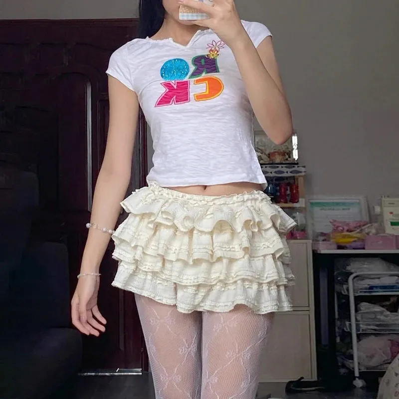 Sweet Korean Fashion Mini Skirt Women Folds Ruched Tierred Cute Coquette Hottie Y2K Aesthetic Summer Skirt Tulle Chic