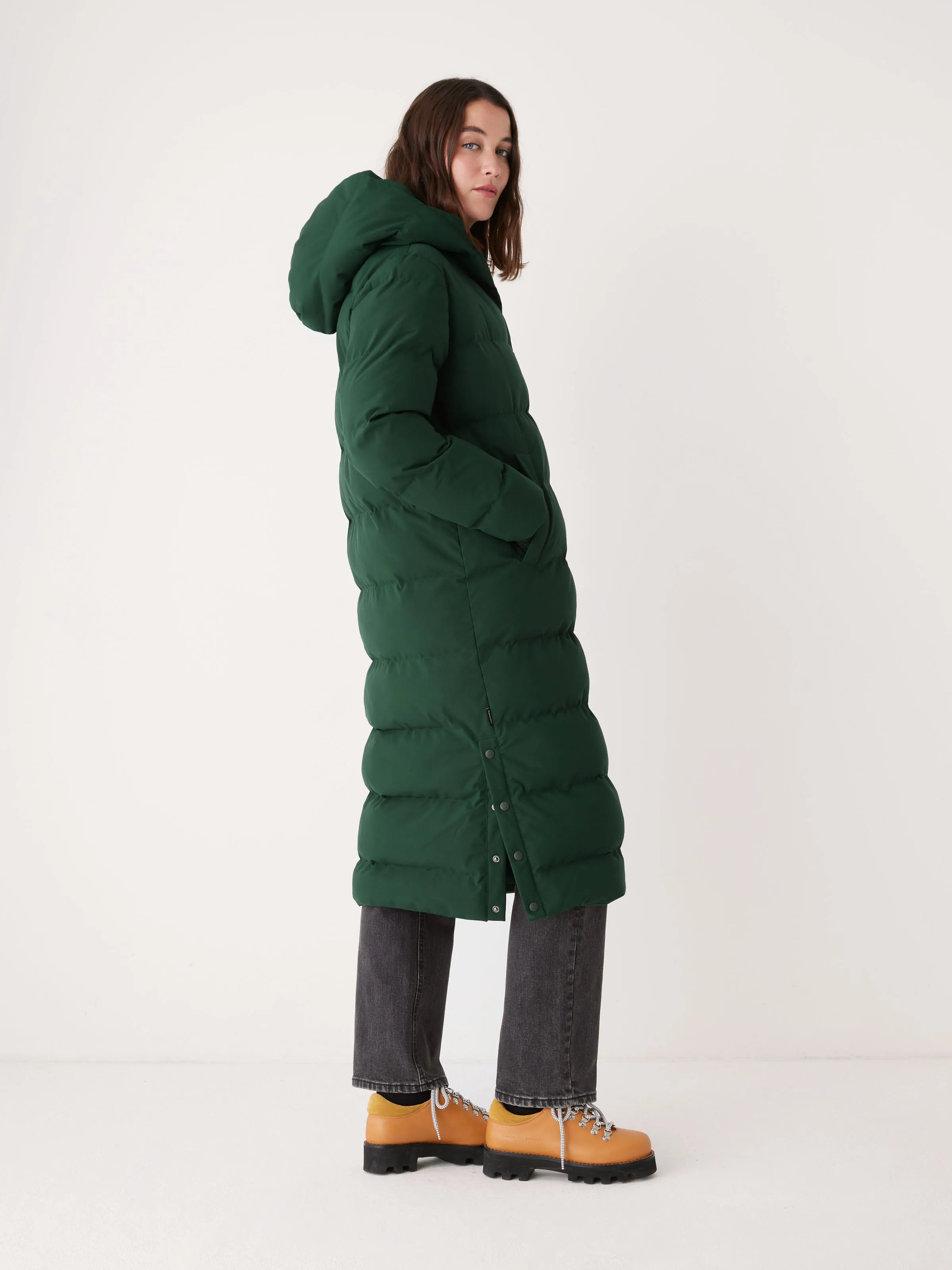 The Highland Long Puffer Coat in Forest Green