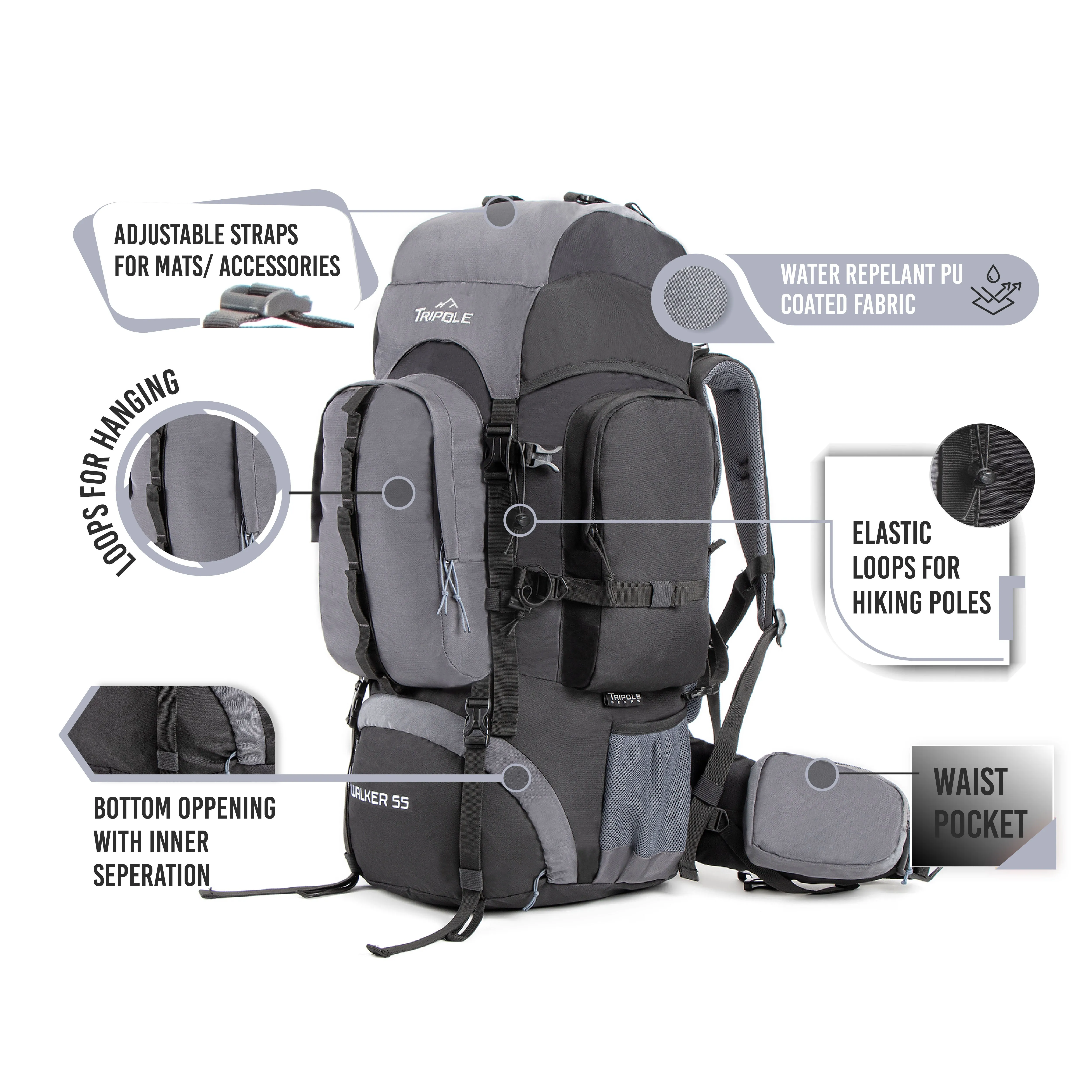 Tripole Walker 55L Internal Frame Rucksack for Hiking | Rain Cover | Water Repellent | Laptop Section | 3 Year Warranty | Black & Grey