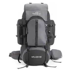 Tripole Walker 55L Internal Frame Rucksack for Hiking | Rain Cover | Water Repellent | Laptop Section | 3 Year Warranty | Black & Grey