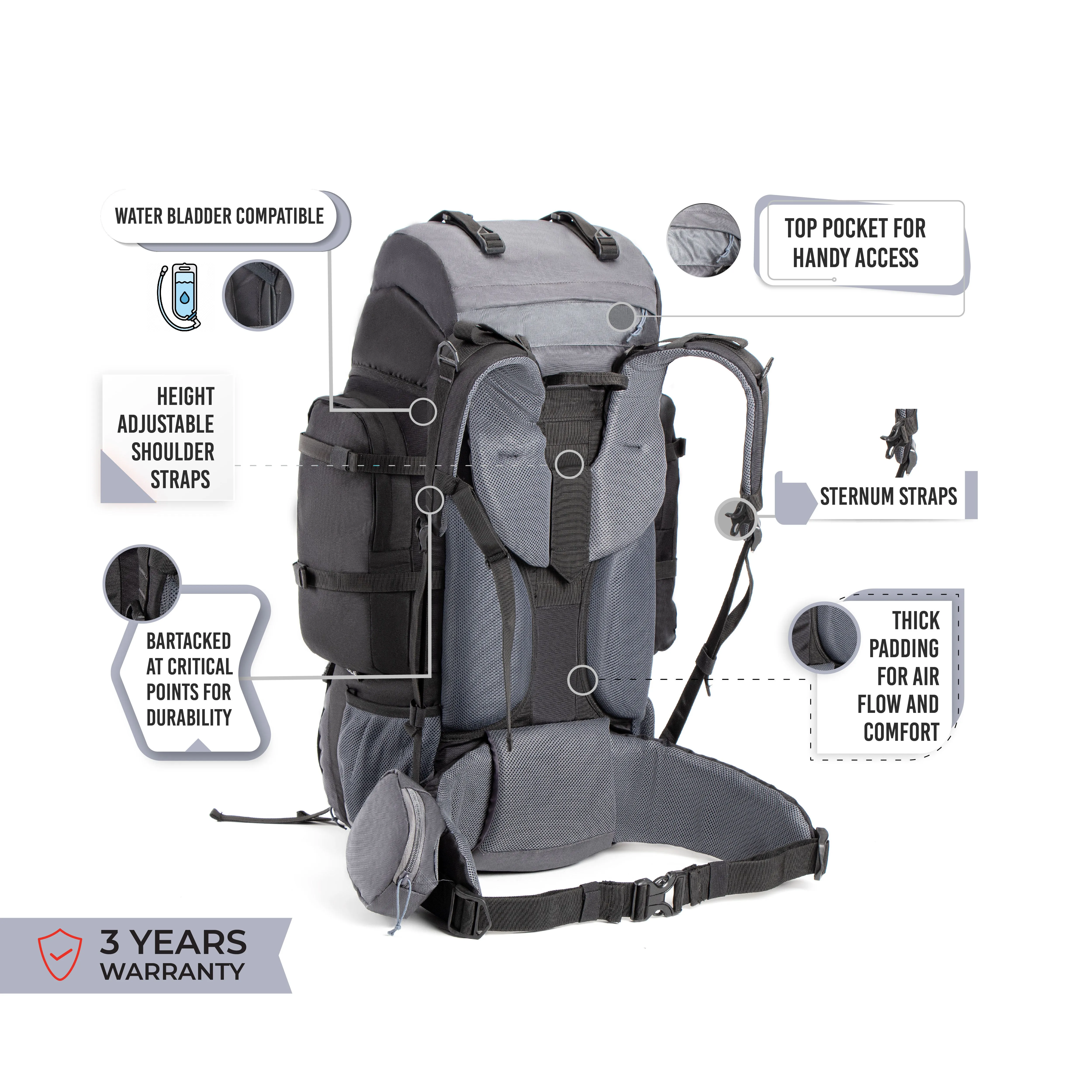 Tripole Walker 65 Litre Rucksack for Trekking and Travel | Laptop Sleeve | Water Repellent | Rain Cover | 3 Year Warranty | Black & Grey