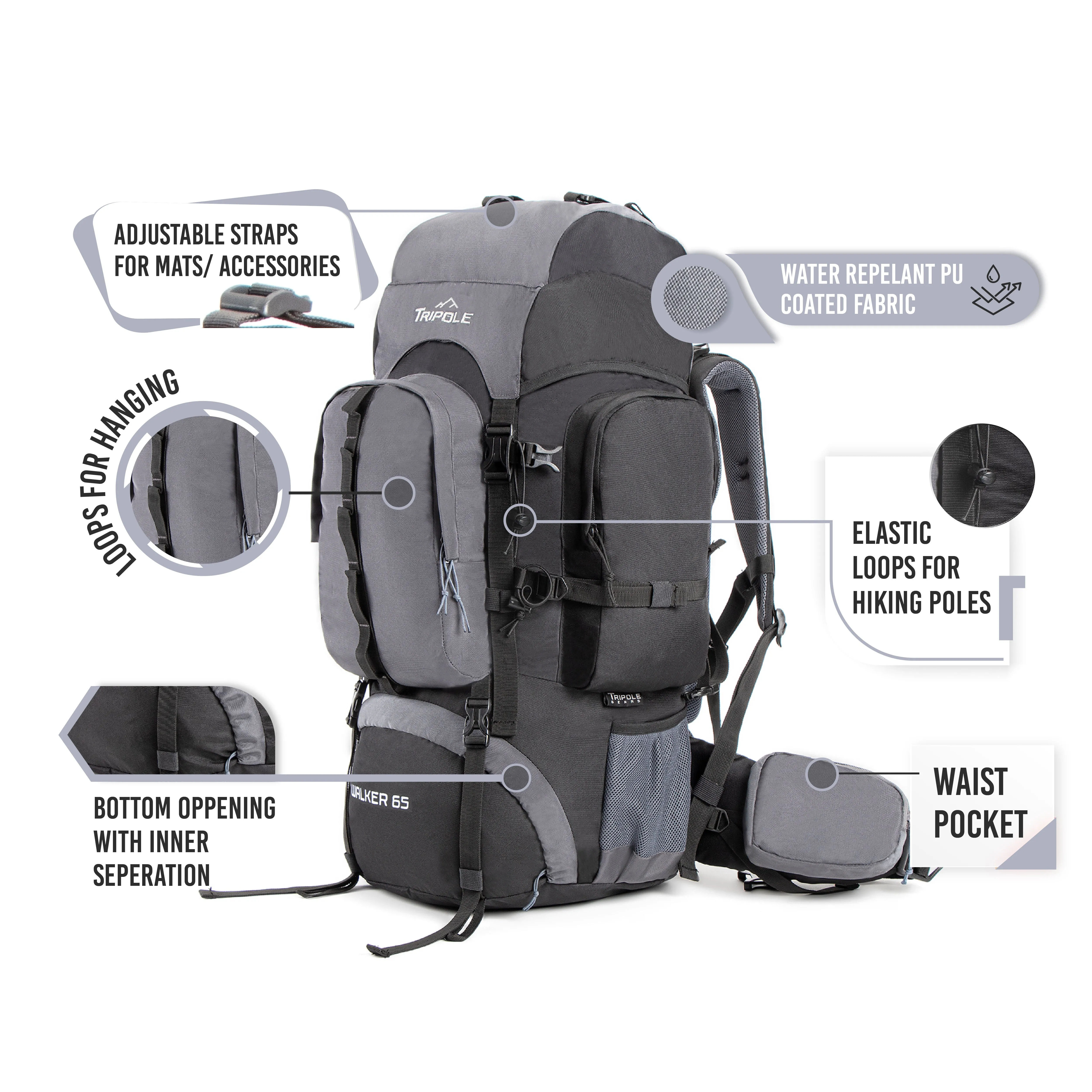 Tripole Walker 65 Litre Rucksack for Trekking and Travel | Laptop Sleeve | Water Repellent | Rain Cover | 3 Year Warranty | Black & Grey