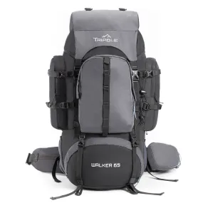 Tripole Walker 65 Litre Rucksack for Trekking and Travel | Laptop Sleeve | Water Repellent | Rain Cover | 3 Year Warranty | Black & Grey