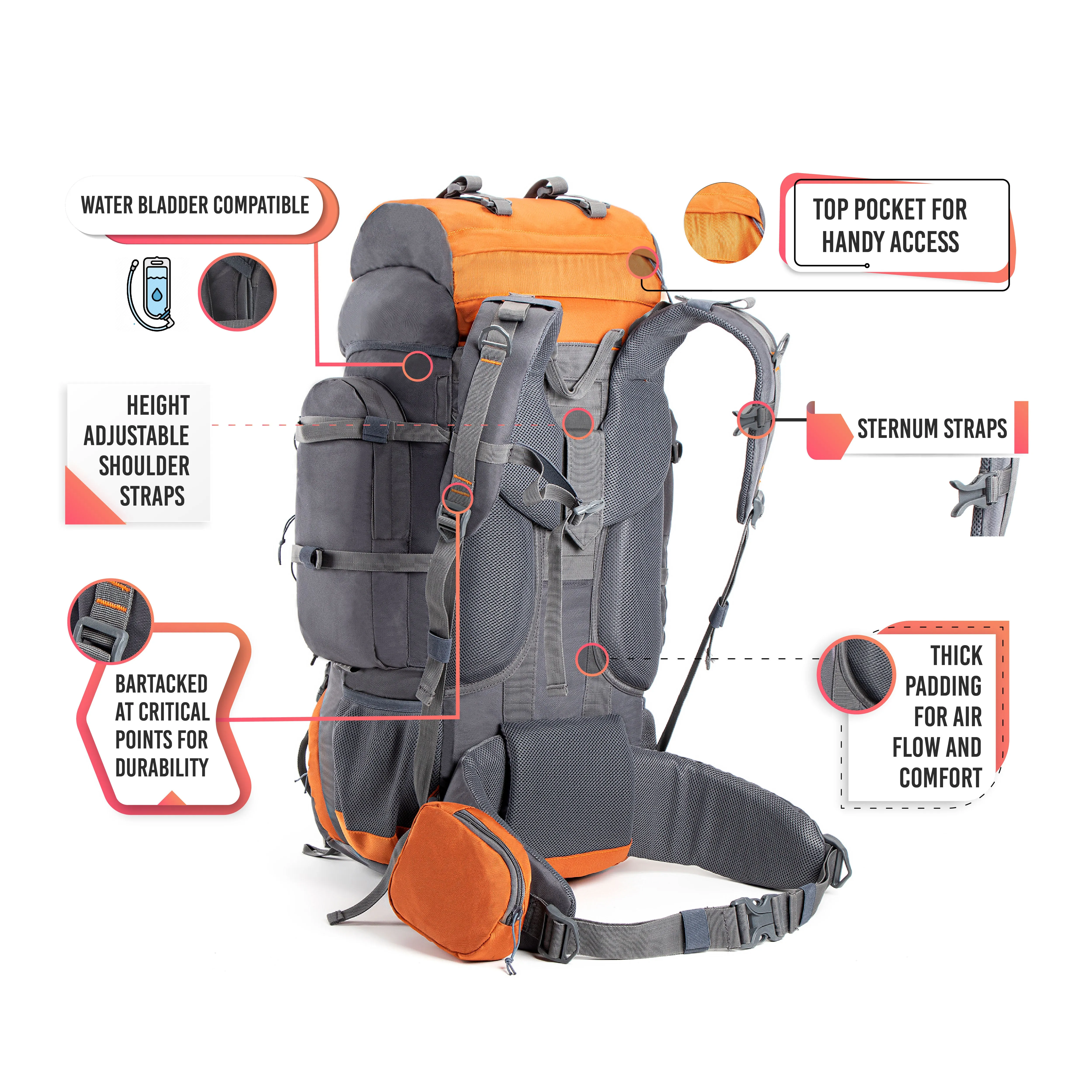 Tripole Walker 65 Litre Rucksack for Trekking and Travel | Laptop Sleeve | Water Repellent | Rain Cover | 3 Year Warranty | Grey & Orange