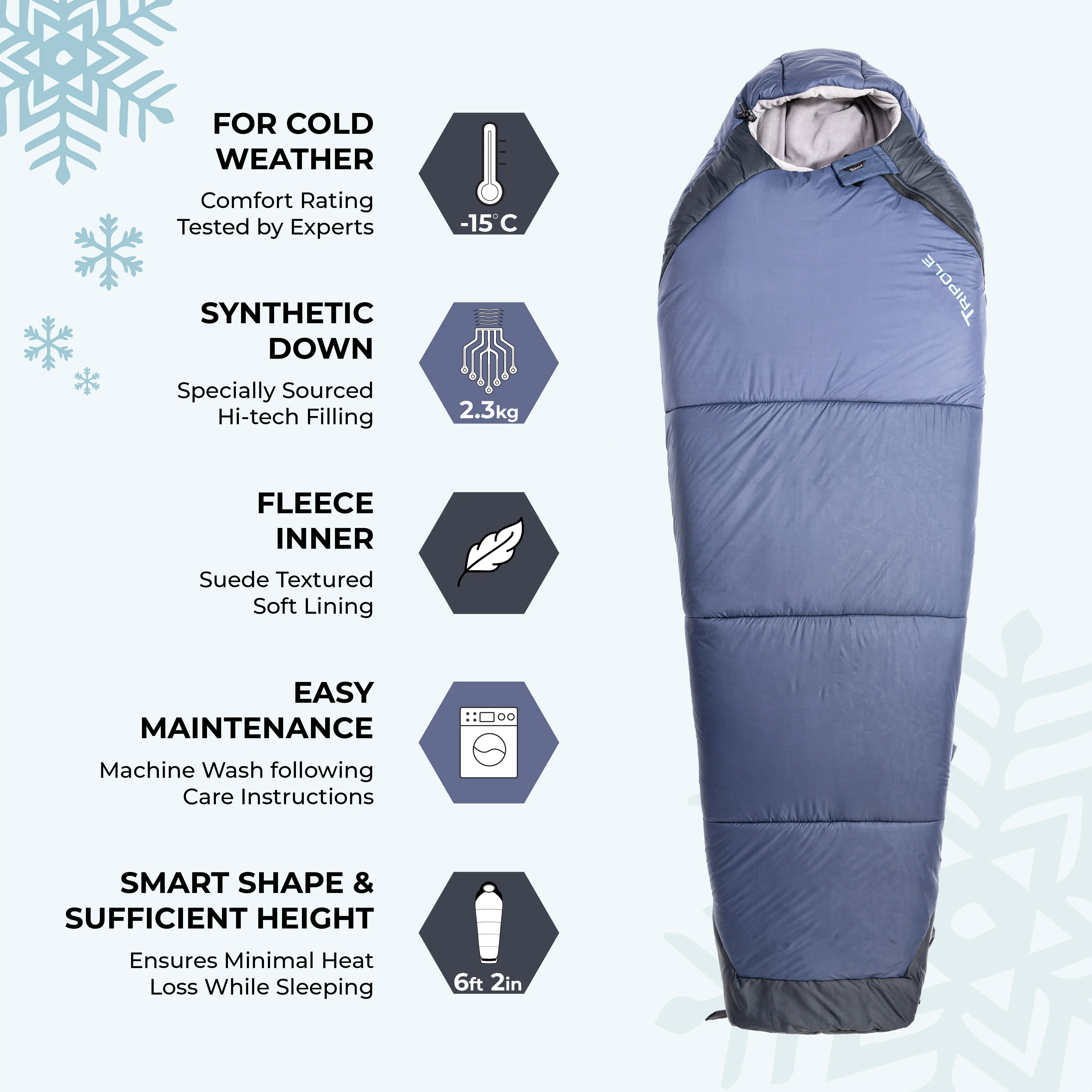 Tripole Zanskar Army Sleeping Bag with Fleece Lining for Cold Weather Trekking and Travelling | Mummy Shape | Water Repellent | 3 Year Warranty ( - 15°C Blue)