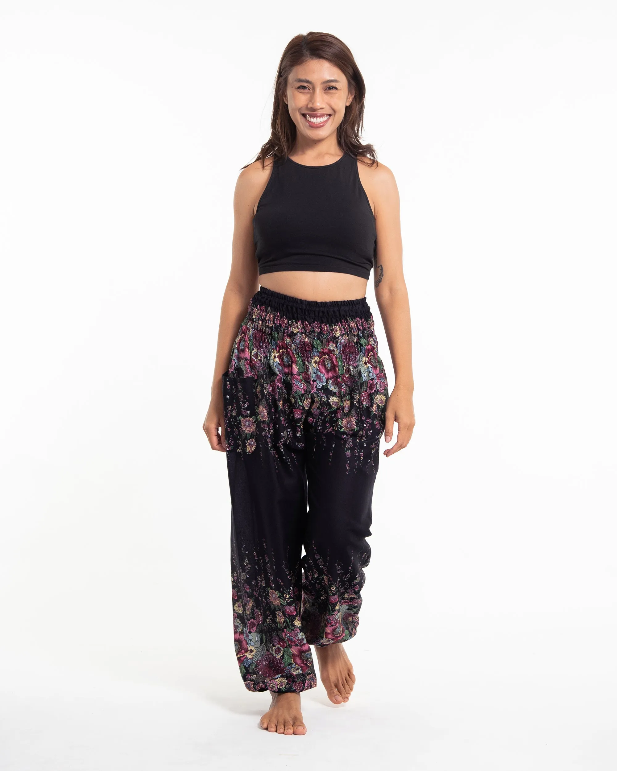 Unisex Floral Harem Pants in Black