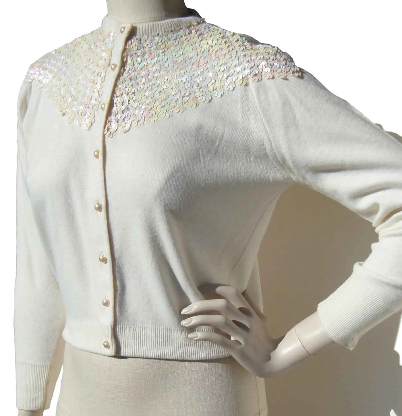 Vintage 60s White Sweater Sequins & Orlon Cardigan S / M