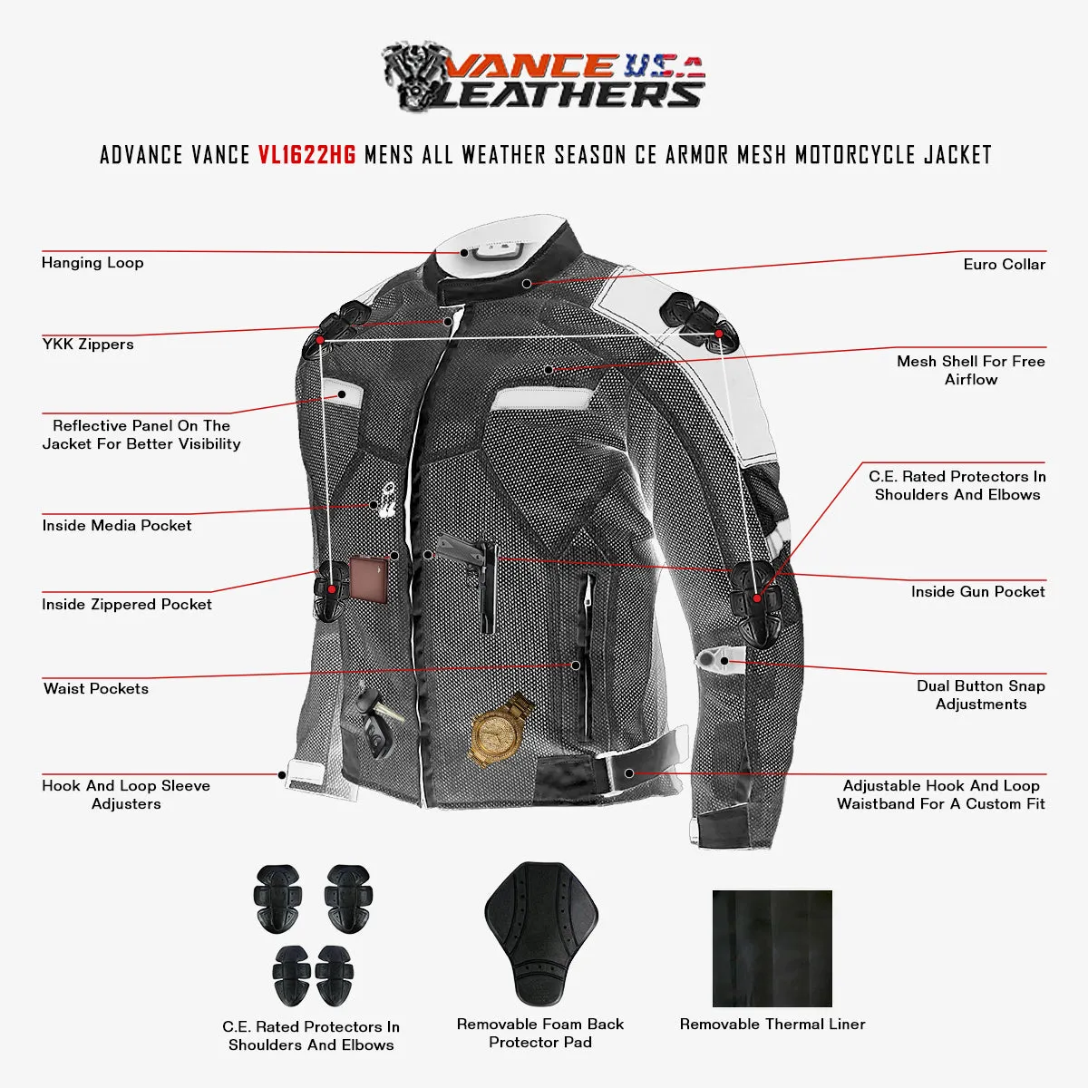 VL1622HG High Visibility Mesh Motorcycle Jacket with Insulated Liner and CE Armor