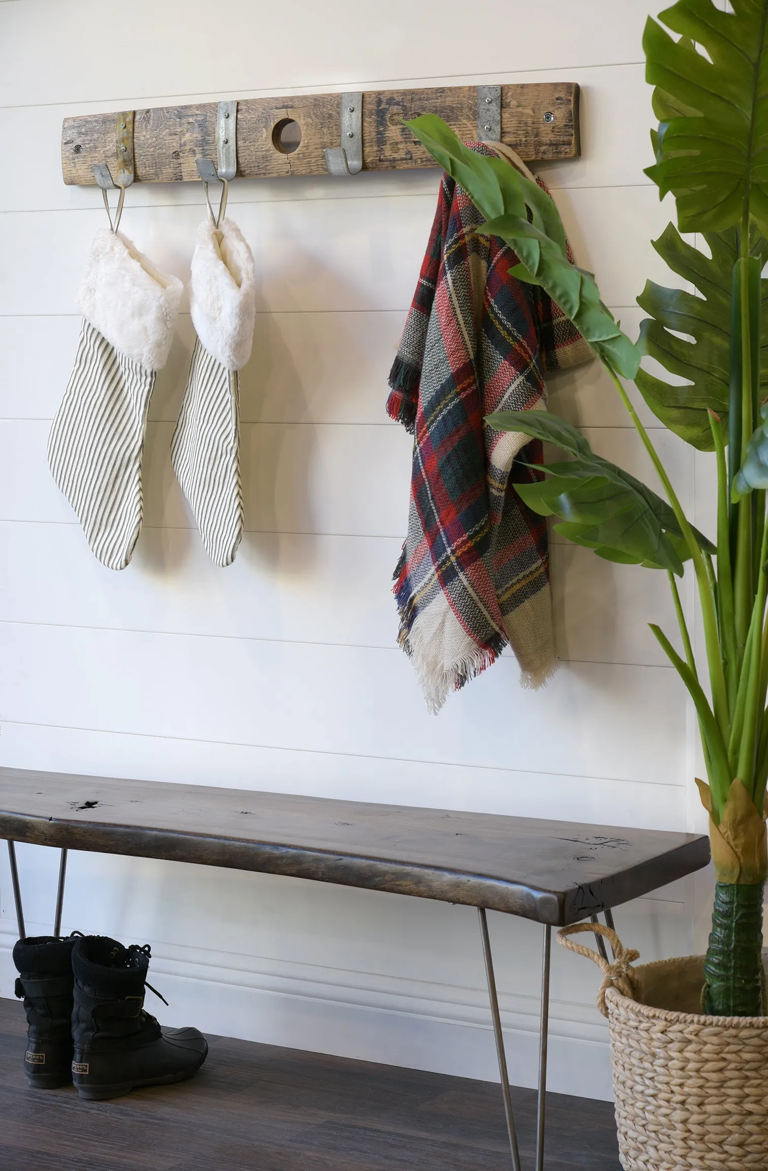 Wall Mount Coat Rack Hooks On Reclaimed Wood Barrel Stave