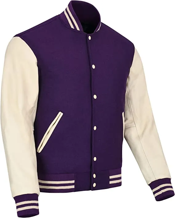 Warrior Gears Classic Hybrid Varsity Jacket for Kids, Toddler Letterman Bomber Jacket for Boys, Unisex Varsity Jacket Girls, Purple Pure Wool Body & Cream Cowhide Leather Sleeves