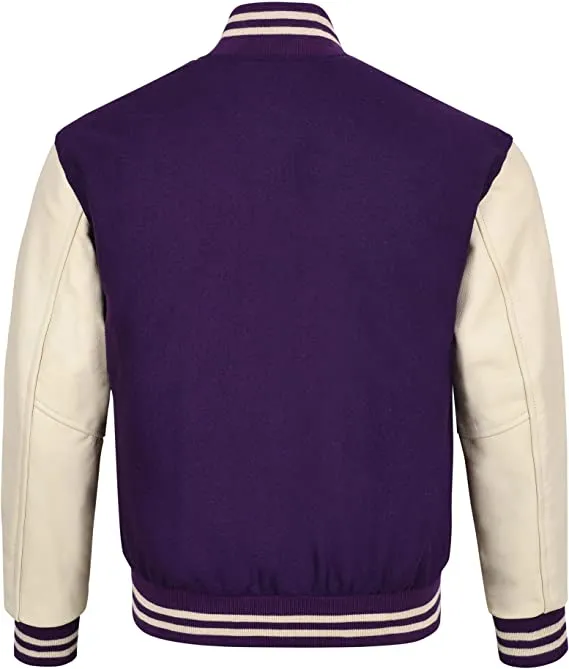 Warrior Gears Classic Hybrid Varsity Jacket for Kids, Toddler Letterman Bomber Jacket for Boys, Unisex Varsity Jacket Girls, Purple Pure Wool Body & Cream Cowhide Leather Sleeves