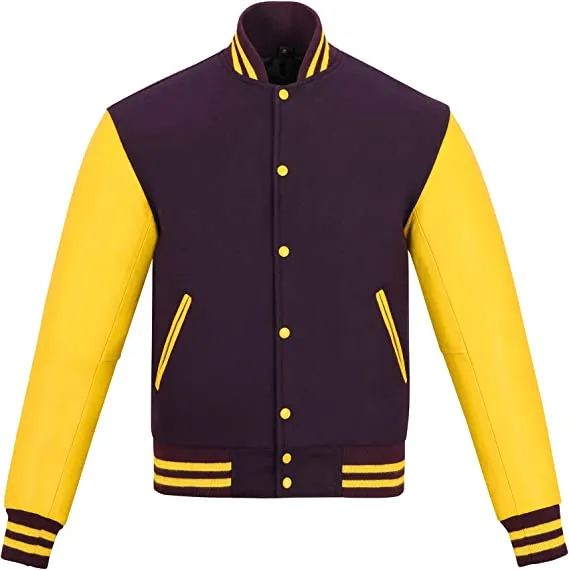 Warrior Gears Classic Hybrid Varsity Jacket for Kids, Toddler Letterman Bomber Jacket for Boys, Unisex Varsity Jacket Girls, Purple Pure Wool Body & Yellow Cowhide Leather Sleeves