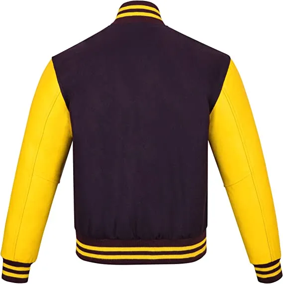 Warrior Gears Classic Hybrid Varsity Jacket for Kids, Toddler Letterman Bomber Jacket for Boys, Unisex Varsity Jacket Girls, Purple Pure Wool Body & Yellow Cowhide Leather Sleeves