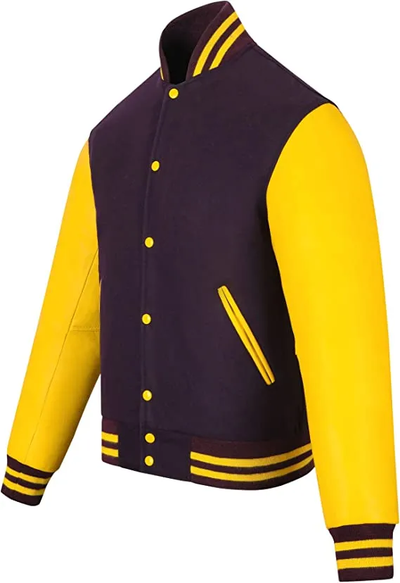 Warrior Gears Classic Hybrid Varsity Jacket for Kids, Toddler Letterman Bomber Jacket for Boys, Unisex Varsity Jacket Girls, Purple Pure Wool Body & Yellow Cowhide Leather Sleeves