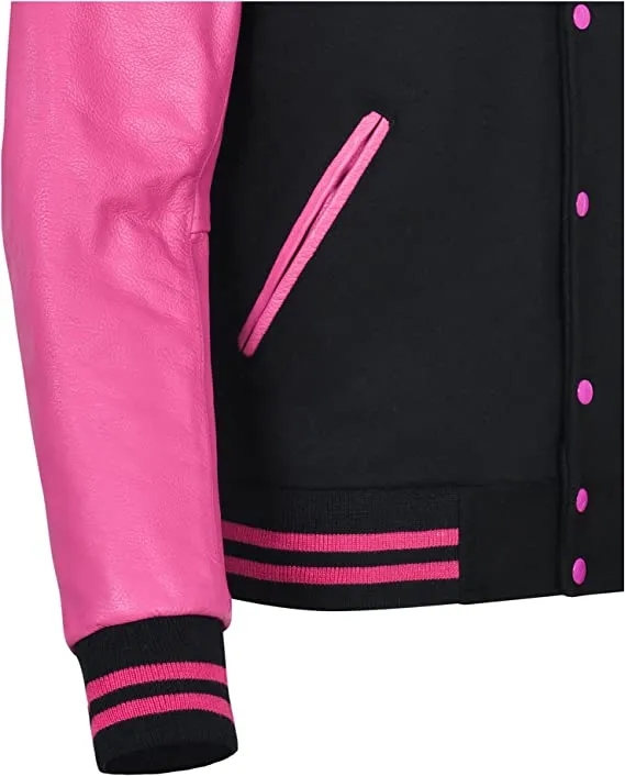 Warrior Gears Classic Hybrid Varsity Jacket University Letterman Bomber Jacket, Pure Wool & Original Cowhide Leather Jacket, Black Pure Wool Body & Pink Real Leather Sleeves