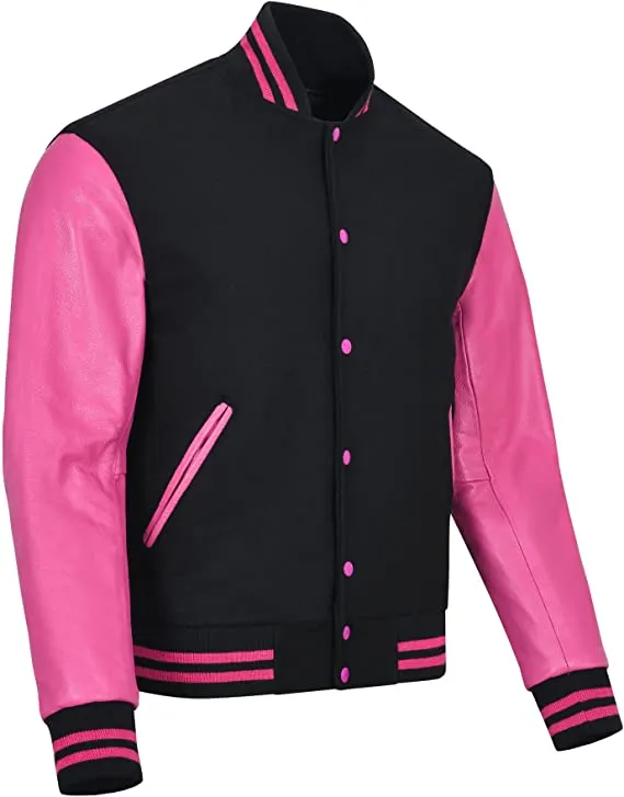 Warrior Gears Classic Hybrid Varsity Jacket University Letterman Bomber Jacket, Pure Wool & Original Cowhide Leather Jacket, Black Pure Wool Body & Pink Real Leather Sleeves