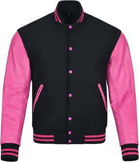 Warrior Gears Classic Hybrid Varsity Jacket University Letterman Bomber Jacket, Pure Wool & Original Cowhide Leather Jacket, Black Pure Wool Body & Pink Real Leather Sleeves