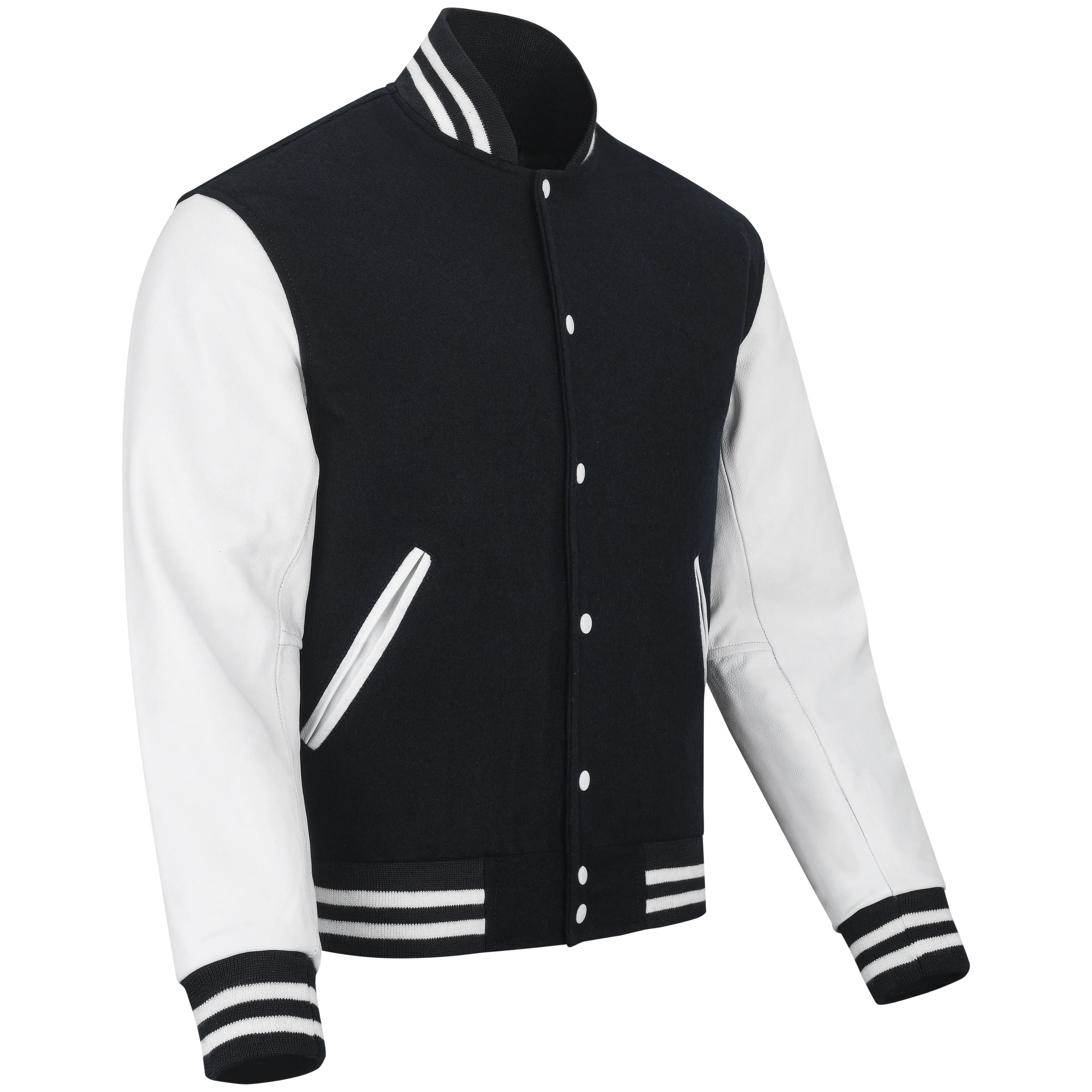 Warrior Gears Classic Hybrid Varsity Jacket University Letterman Bomber Jacket, Pure Wool & Original Cowhide Leather Jacket, Black Pure Wool Body & White Real Leather Sleeves