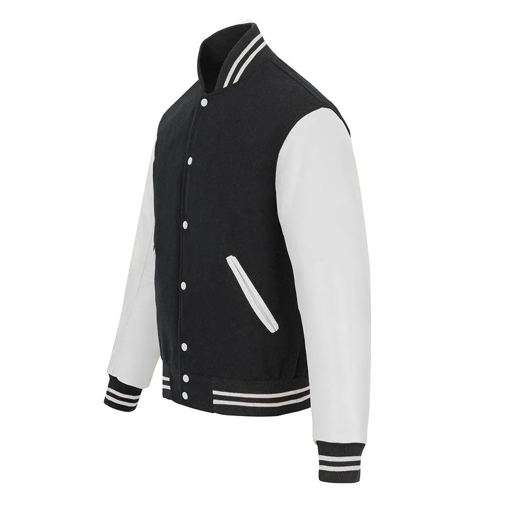 Warrior Gears Classic Hybrid Varsity Jacket University Letterman Bomber Jacket, Pure Wool & Original Cowhide Leather Jacket, Black Pure Wool Body & White Real Leather Sleeves