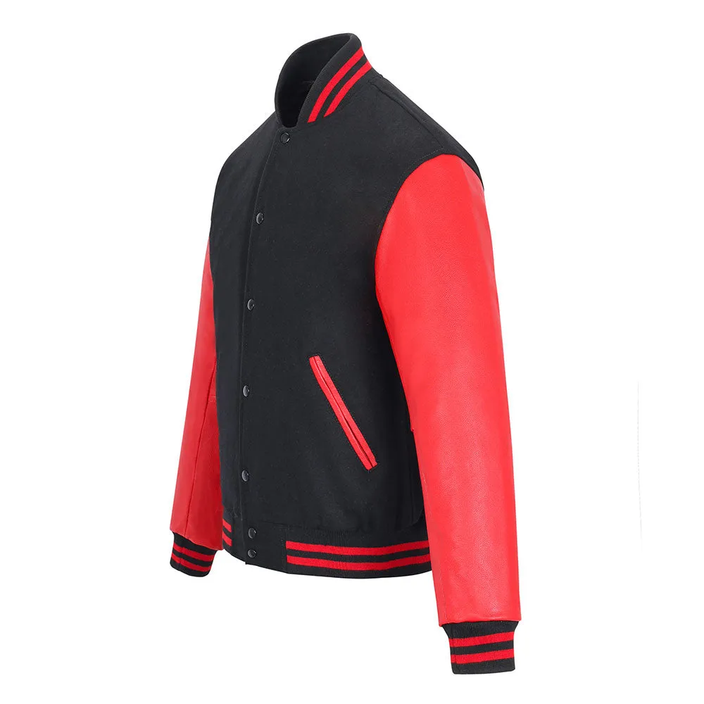 Warrior Gears Classic Hybrid Varsity Jacket University Letterman Bomber Jacket, Pure Wool & Original Cowhide Leather Jacket, Black Wool Body & Red Leather Sleeves