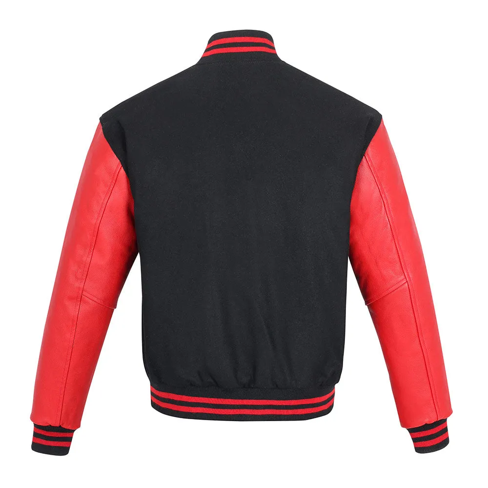 Warrior Gears Classic Hybrid Varsity Jacket University Letterman Bomber Jacket, Pure Wool & Original Cowhide Leather Jacket, Black Wool Body & Red Leather Sleeves