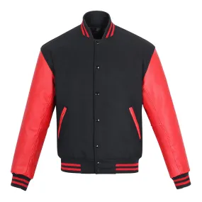 Warrior Gears Classic Hybrid Varsity Jacket University Letterman Bomber Jacket, Pure Wool & Original Cowhide Leather Jacket, Black Wool Body & Red Leather Sleeves