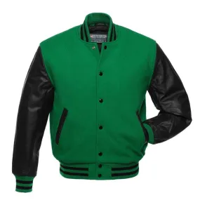 Warrior Gears Classic Hybrid Varsity Jacket University Letterman Bomber Jacket, Pure Wool & Original Cowhide Leather Jacket, Green Pure Wool Body & Black Real Leather Sleeves