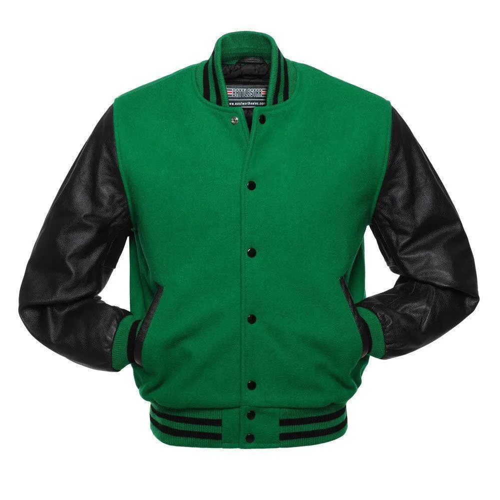 Warrior Gears Classic Hybrid Varsity Jacket University Letterman Bomber Jacket, Pure Wool & Original Cowhide Leather Jacket, Green Pure Wool Body & Black Real Leather Sleeves