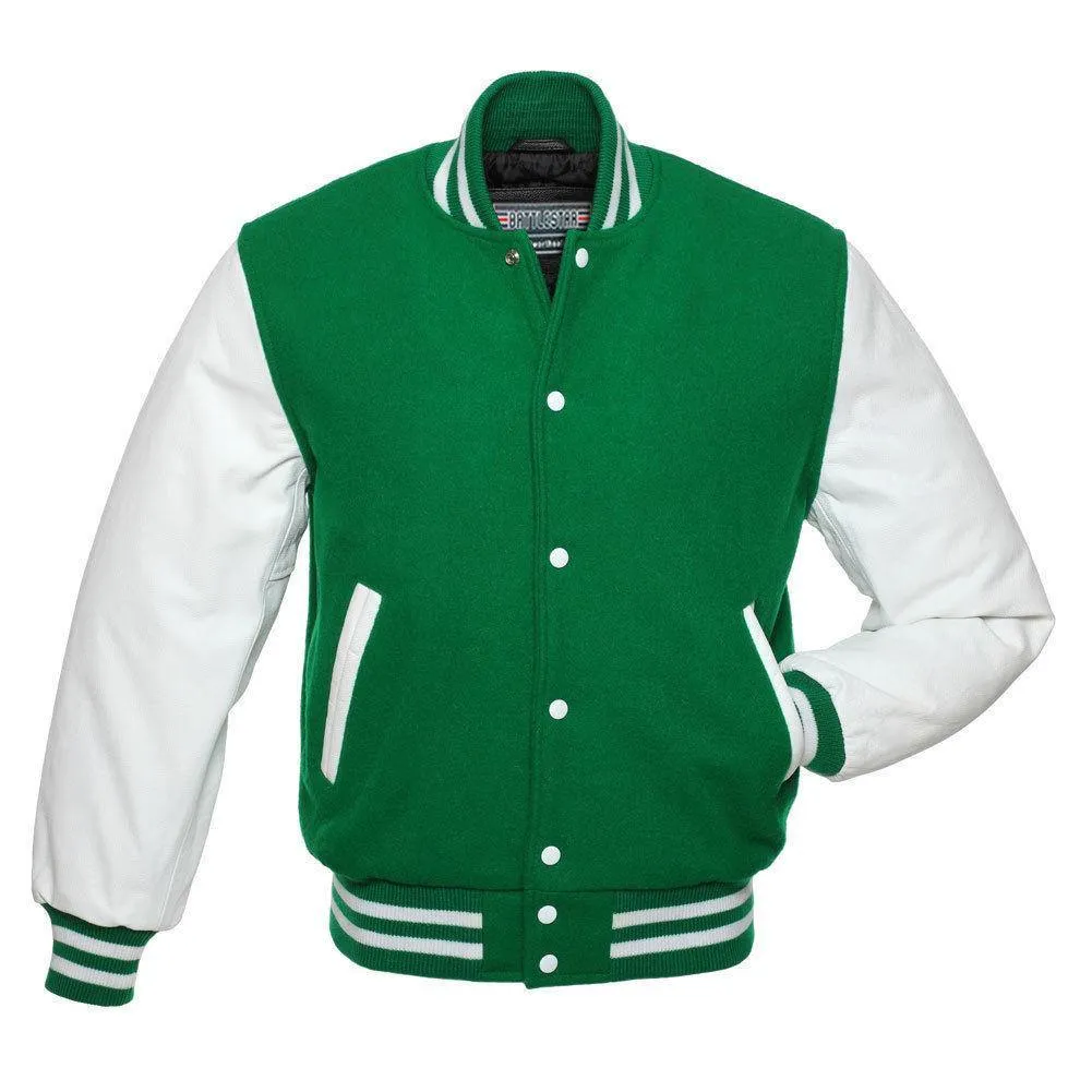 Warrior Gears Classic Hybrid Varsity Jacket University Letterman Bomber Jacket, Pure Wool & Original Cowhide Leather Jacket, Kelly Green Pure Wool Body & White Real Leather Sleeves