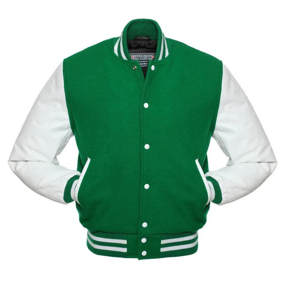 Warrior Gears Classic Hybrid Varsity Jacket University Letterman Bomber Jacket, Pure Wool & Original Cowhide Leather Jacket, Kelly Green Pure Wool Body & White Real Leather Sleeves