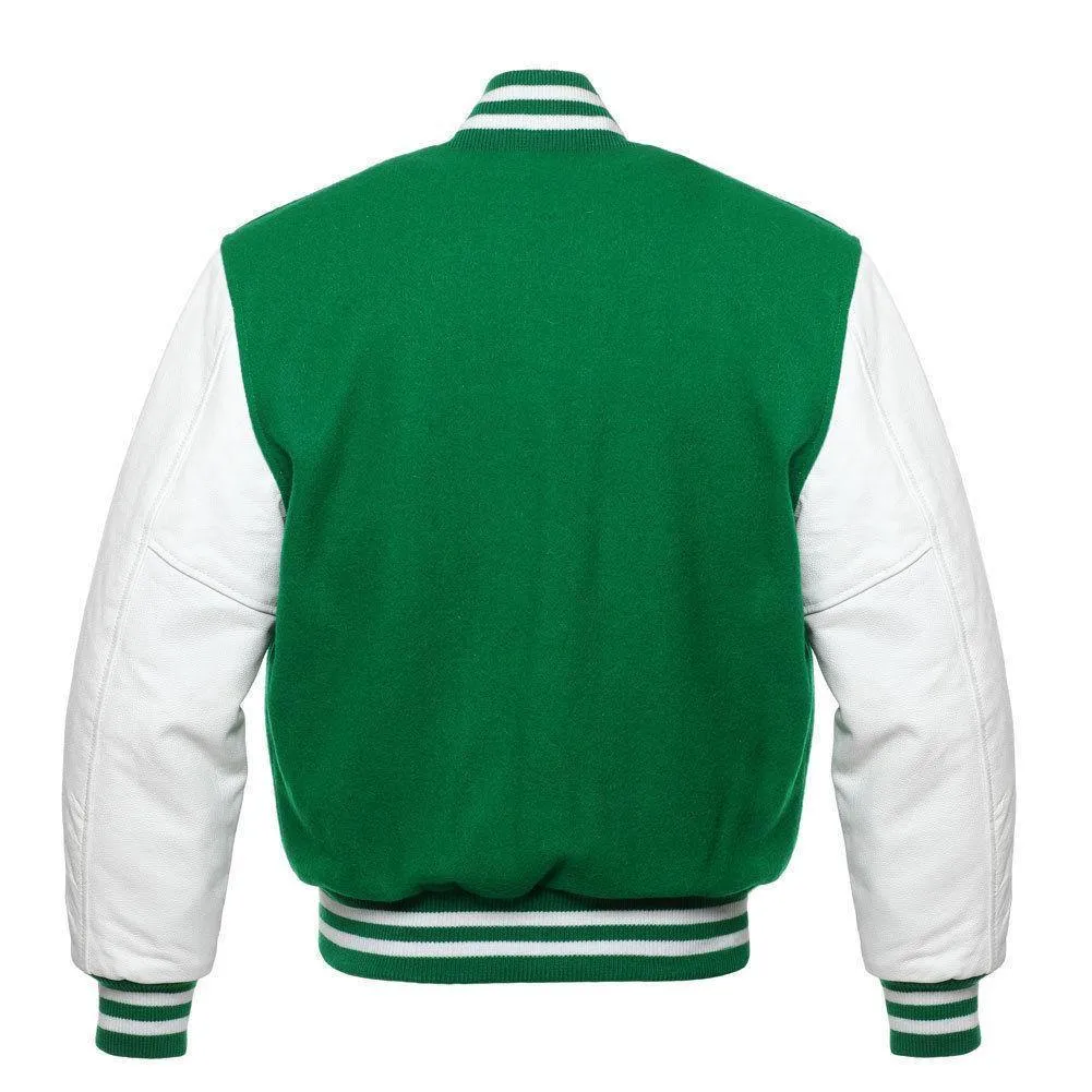 Warrior Gears Classic Hybrid Varsity Jacket University Letterman Bomber Jacket, Pure Wool & Original Cowhide Leather Jacket, Kelly Green Pure Wool Body & White Real Leather Sleeves