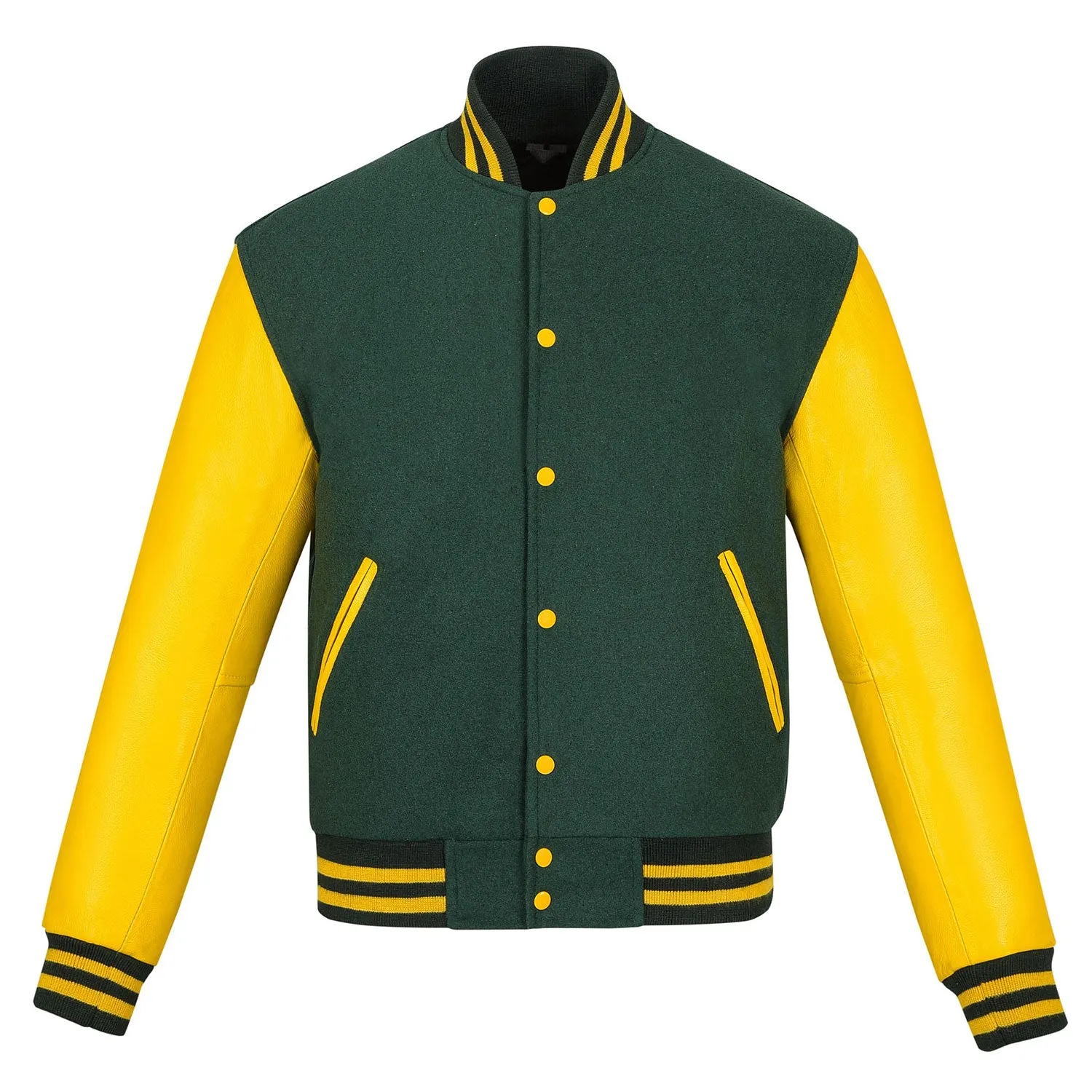 Warrior Gears Classic Hybrid Varsity Jacket University Letterman Bomber Jacket, Pure Wool & Original Cowhide Leather Jacket, Kelly Green Pure Wool Body & Yellow Real Leather Sleeves