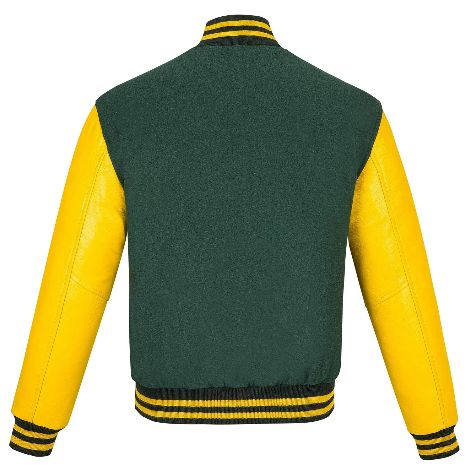 Warrior Gears Classic Hybrid Varsity Jacket University Letterman Bomber Jacket, Pure Wool & Original Cowhide Leather Jacket, Kelly Green Pure Wool Body & Yellow Real Leather Sleeves