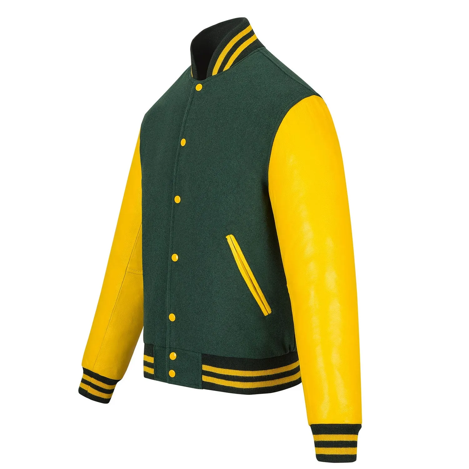 Warrior Gears Classic Hybrid Varsity Jacket University Letterman Bomber Jacket, Pure Wool & Original Cowhide Leather Jacket, Kelly Green Pure Wool Body & Yellow Real Leather Sleeves