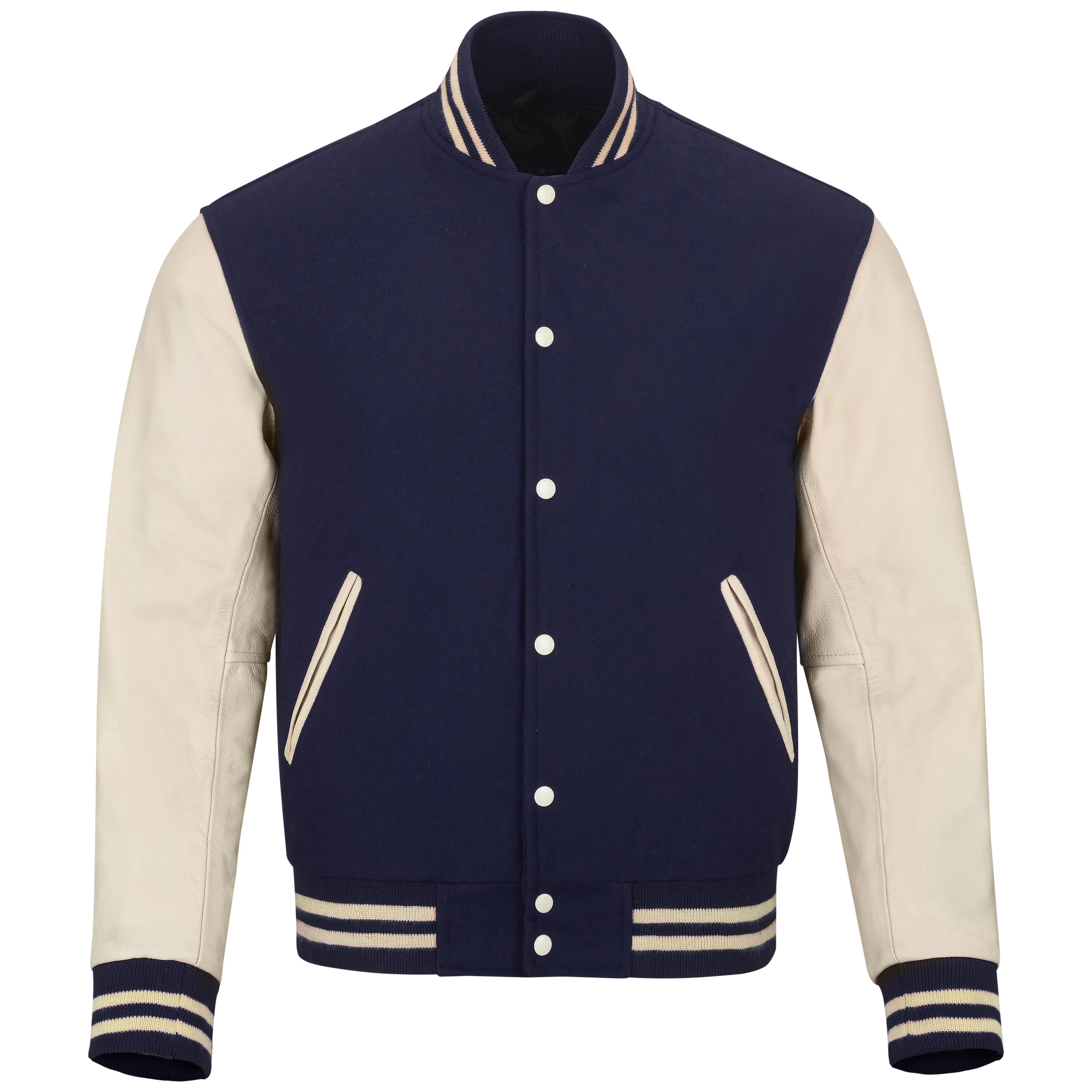 Warrior Gears Classic Hybrid Varsity Jacket University Letterman Bomber Jacket, Pure Wool & Original Cowhide Leather Jacket, Navy Blue Pure Wool Body & Cream Real Leather Sleeves