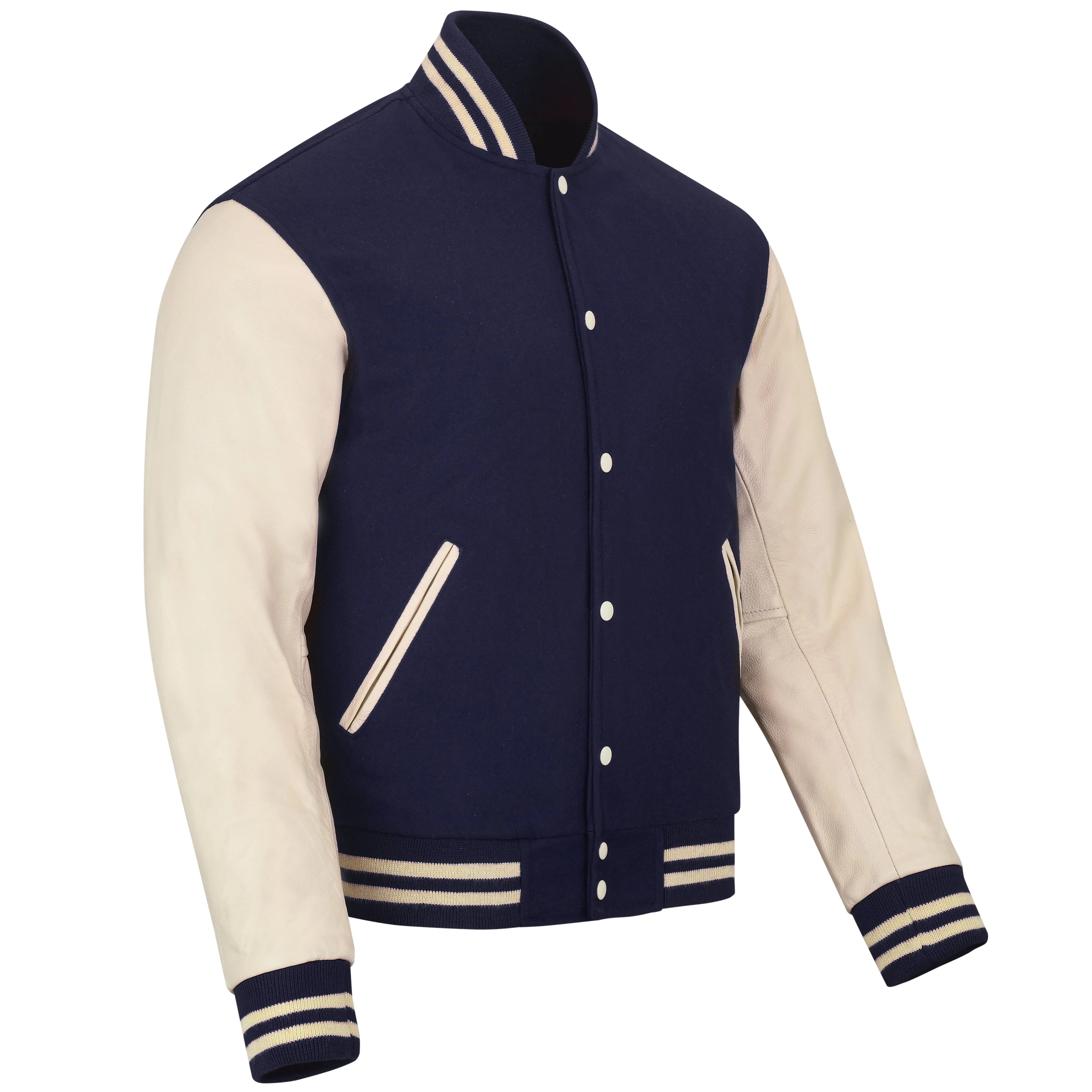 Warrior Gears Classic Hybrid Varsity Jacket University Letterman Bomber Jacket, Pure Wool & Original Cowhide Leather Jacket, Navy Blue Pure Wool Body & Cream Real Leather Sleeves