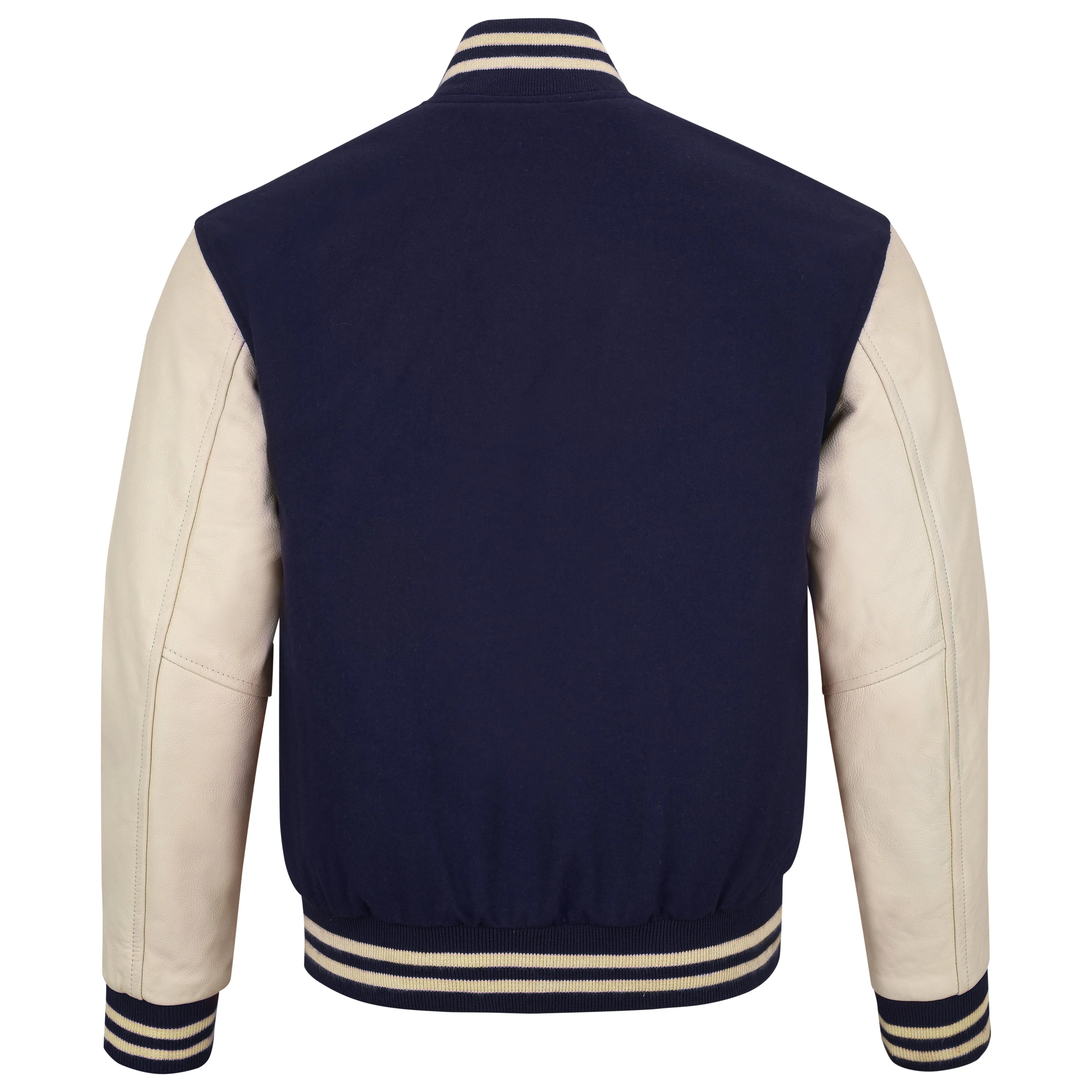 Warrior Gears Classic Hybrid Varsity Jacket University Letterman Bomber Jacket, Pure Wool & Original Cowhide Leather Jacket, Navy Blue Pure Wool Body & Cream Real Leather Sleeves