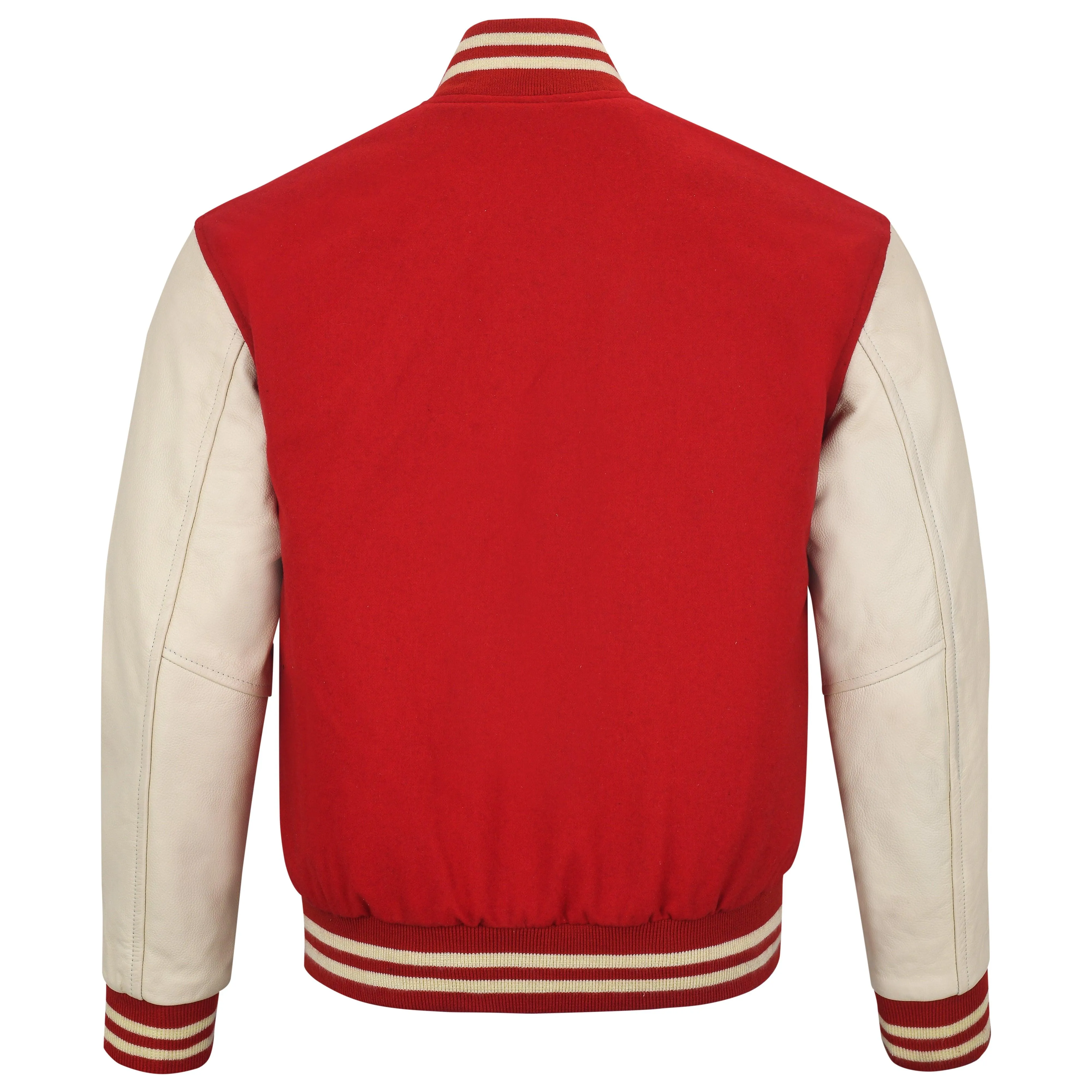 Warrior Gears Classic Hybrid Varsity Jacket University Letterman Bomber Jacket, Pure Wool & Original Cowhide Leather Jacket, Red Wool Body & Off White Leather Sleeves