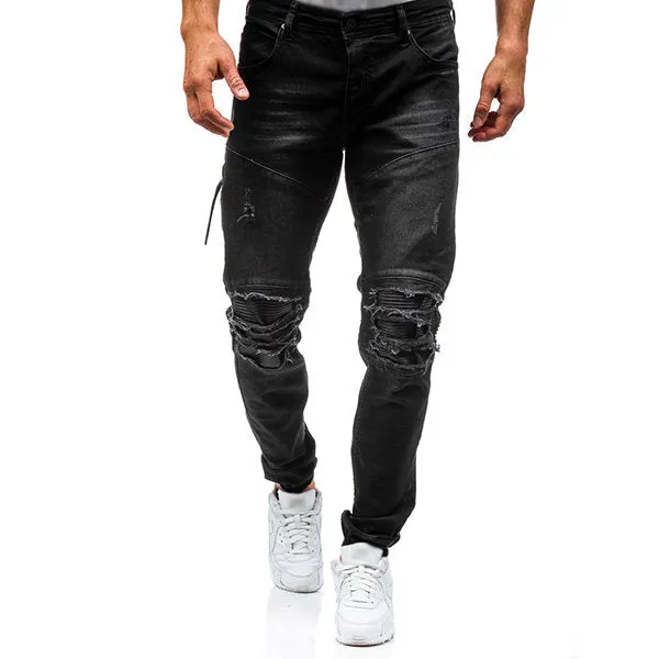 Washed Holes Frayed Jeans for Men Stylish Biker Cotton