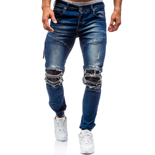 Washed Holes Frayed Jeans for Men Stylish Biker Cotton