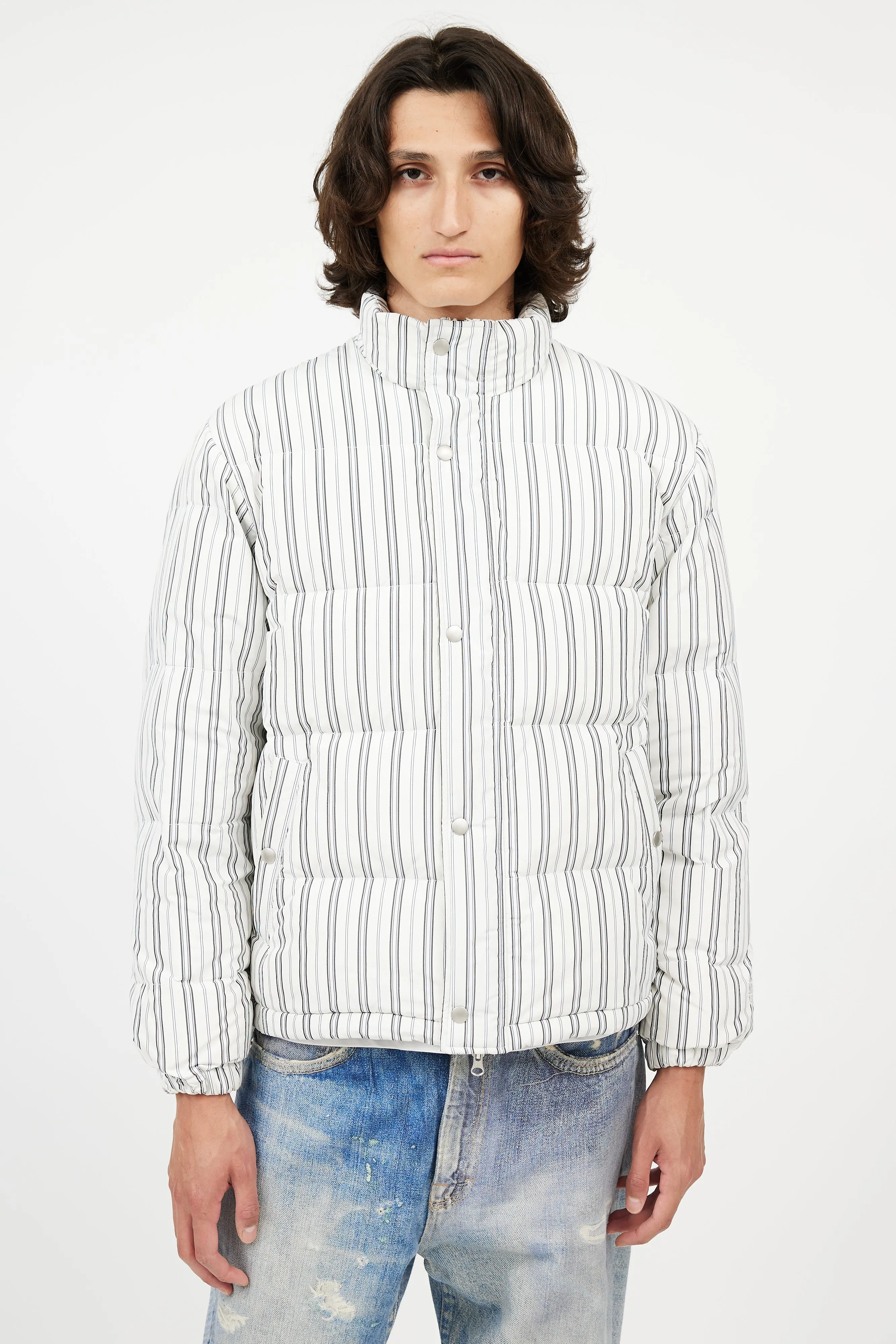 White & Blue Stripes Puffer Jacket